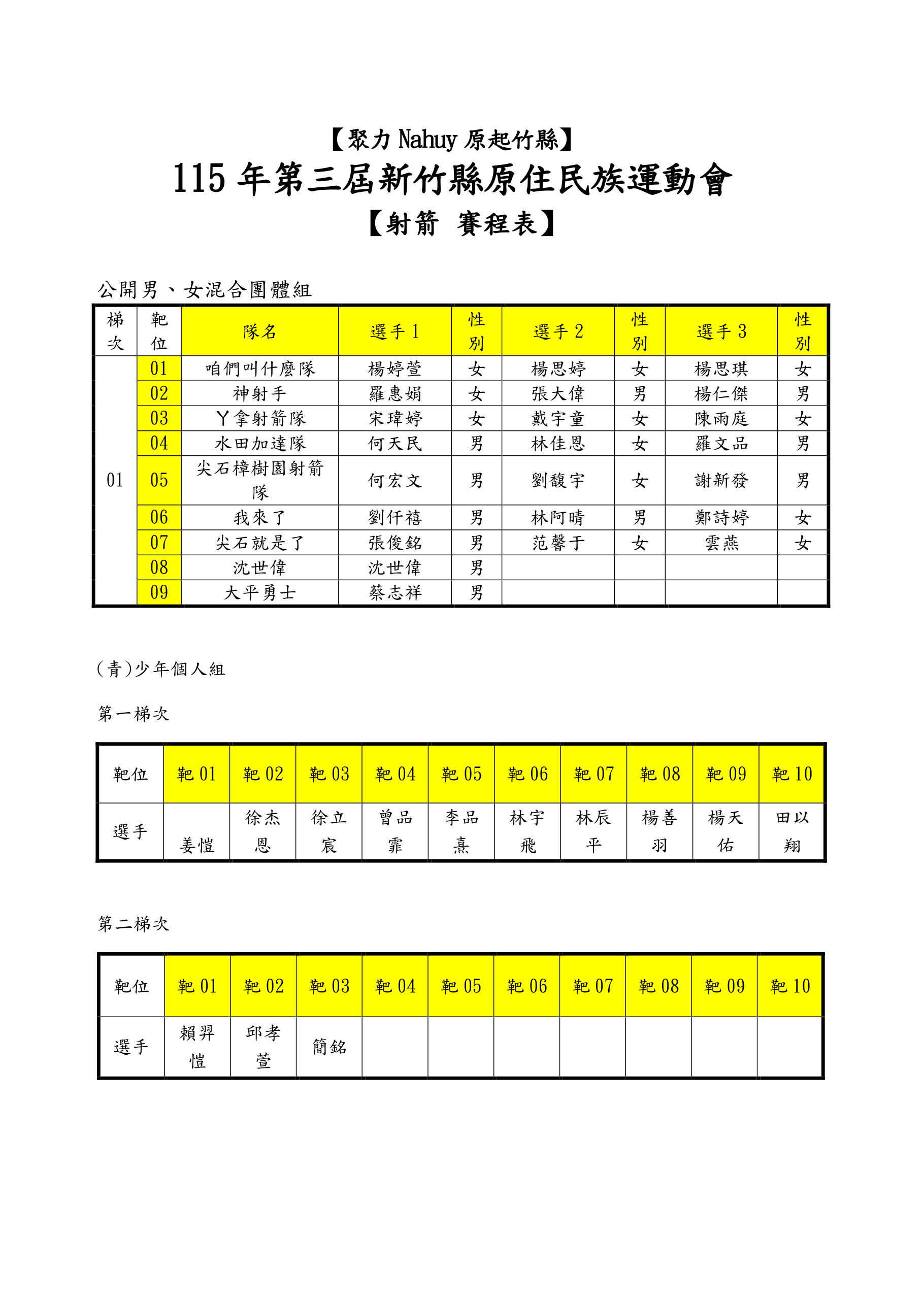 傳統射箭賽程表：公開男女混合團體組靶位表，以及青少年個人組第一、第二梯次靶位表