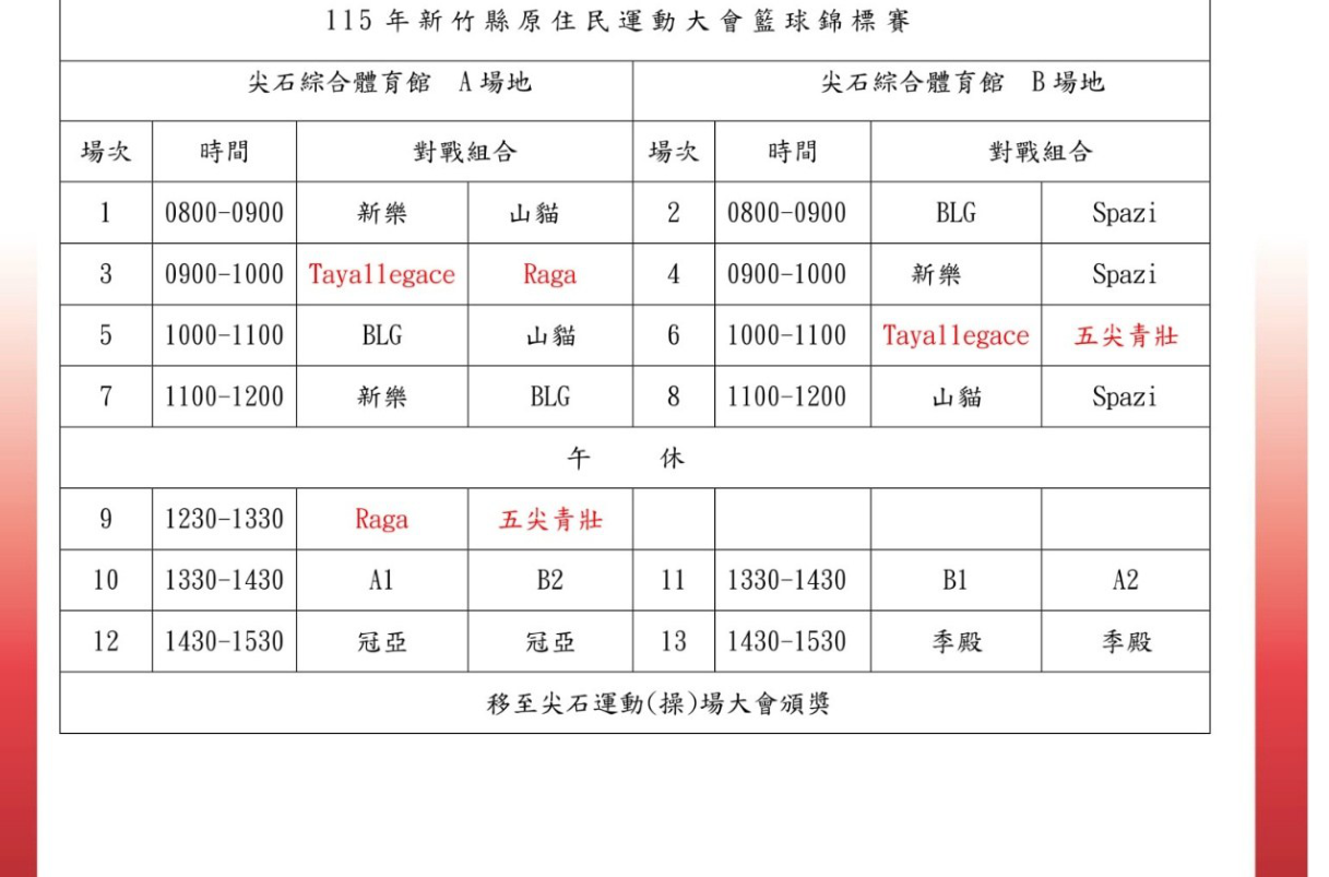 社男組籃球賽程場次表（尖石綜合體育館 A／B 場地）